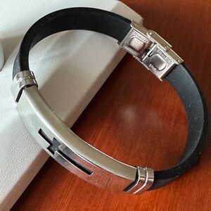 Black Leather Bracelet with Stainless Steel Accents